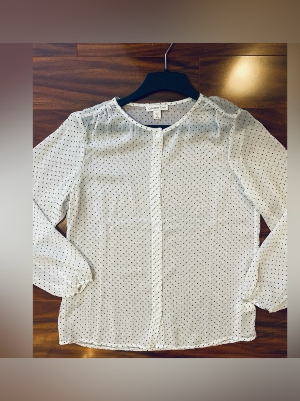 Coldwater Creek sheer White with black Polka dot formal top